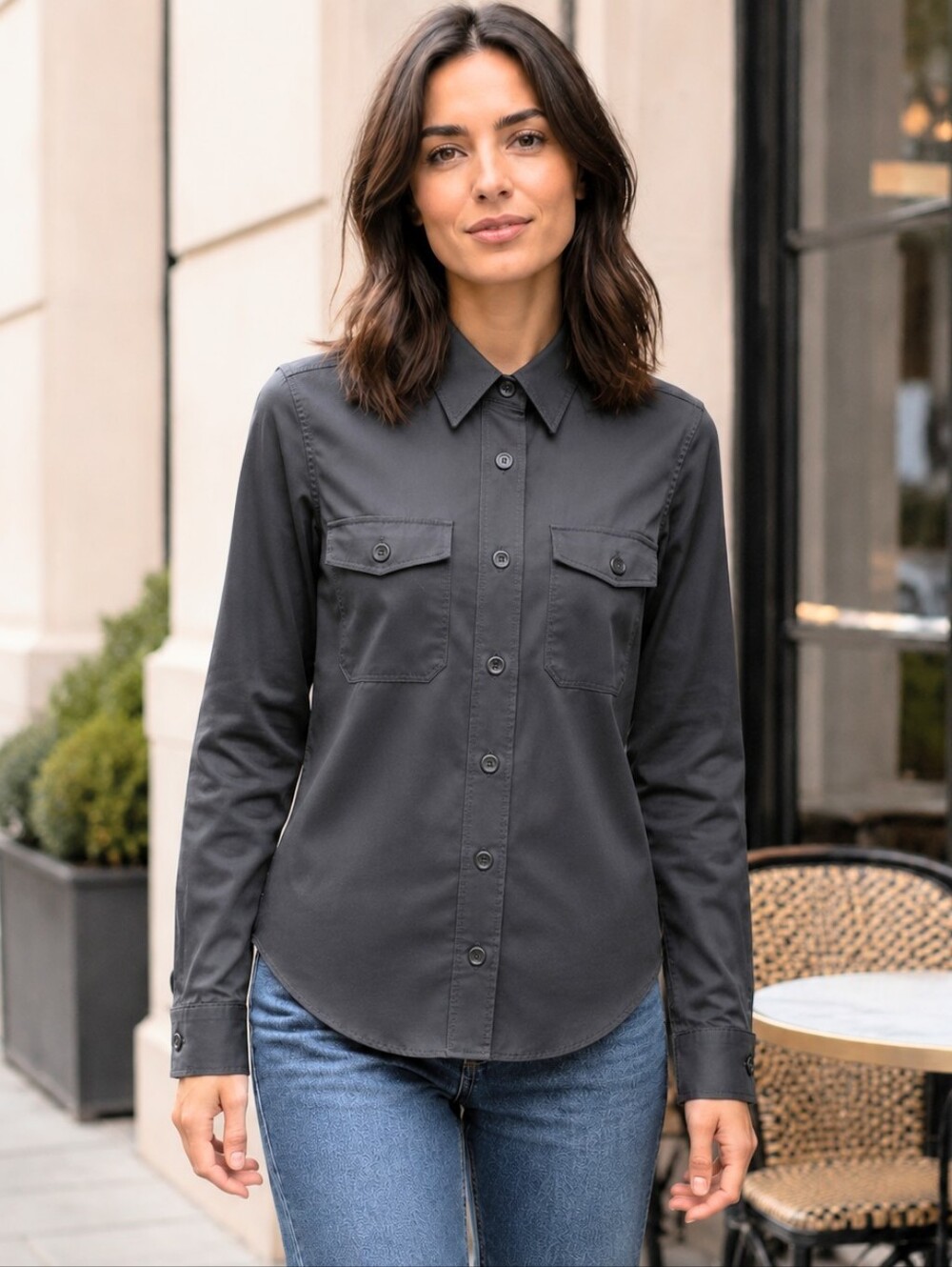 Zara Woman Black Satin-Effect Utility Button-Up Shirt XS
